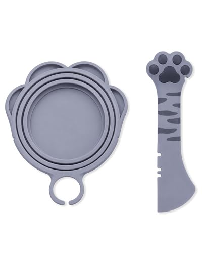 Cute Cat Pet Can Food Cover with Spoon (Gray Cat Lid&Spoonn)
