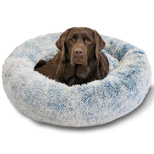 The Original Calming Donut Dog Bed for Large Dogs up to 100 lbs (Denim Shag / Large)