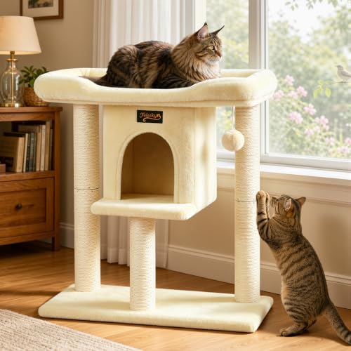 Cat Tree Tower Scratching Post for Indoor Large Adult Cats with Perch Bed (Beige / 28 Inches)