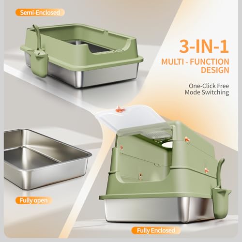 Stainless Steel Cat Litter Box with Lid (Green)