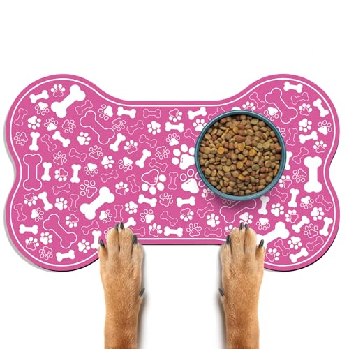 Dog & Cat Food Mat Bone Shaped Pet Feeding Mat Quick Absorb Water Bowl Placemat with Rubber Backing Indoor Floor Stain Resistant Pet Accessory Supplies (Pink / 17"L x 17"W)