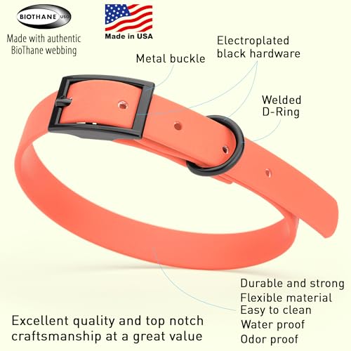 Biothane Waterproof Dog Collar Strong Coated Nylon Webbing with Black Hardware Odor (W5/8" x L12-15" / Coral)
