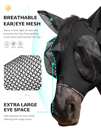 Horse Fly Mask with Forelock Opening Stretch Breathable and Comfortable for Horses UV (Piano Black / M)