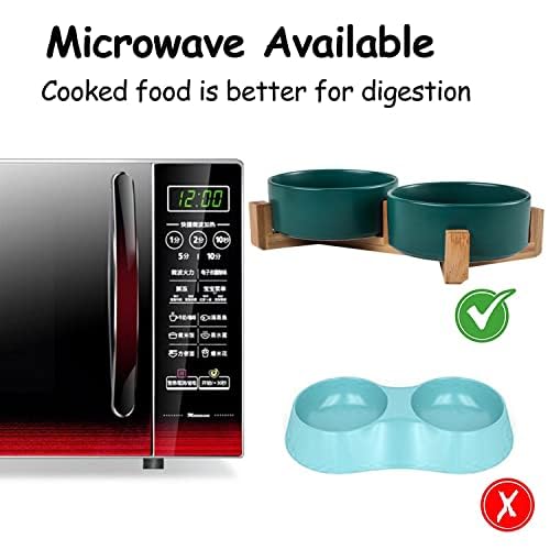 Dog Bowls Green Ceramic Cat Dog Bowl Set with Stand for Food and Water Feeder (Deep Green / 400ML*2)