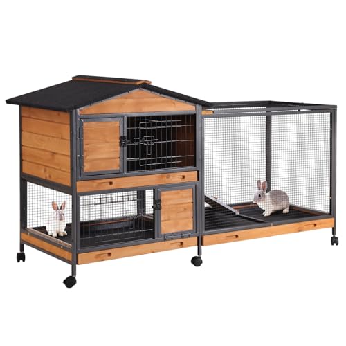 Rabbit Hutch Indoor with Metal Frame Rabbit Cage with Pull Out Tray No Leakage Bunny Cage with Wheel Guinea Pig Cage (Orange)