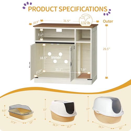Cat Litter Box Enclosure (Rustic Brown and White / 31.5"L × 18.9"W × 29.5"H)