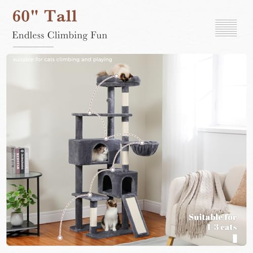 Cat Tree 60 Inches Cat Tower with Dual Condos (L-60" / Dark Gray)