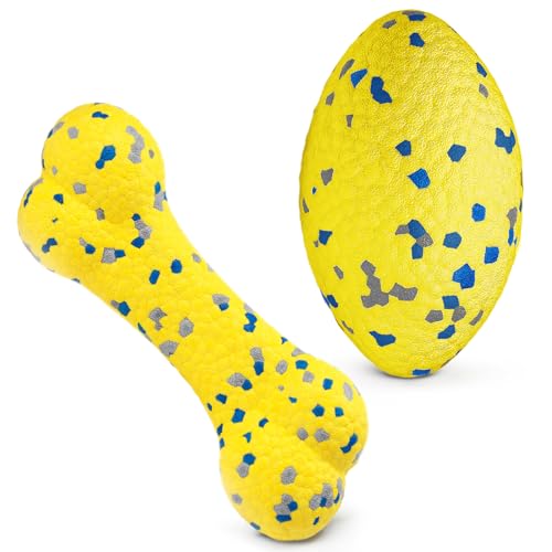 2Pcs Upgrade Bone Dog Balls+Rugby Dogs Toys for Aggressive Chewers (Yellow-Bone+Rugby-2Pcs)
