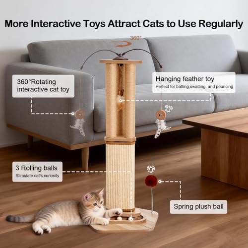 34 Inch Cat Scratching Post for Large Cats with 4 Interactive Toys