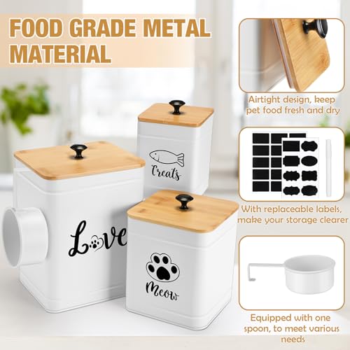 Metal Airtight Cat Food Containers Set of 3 with Bamboo Lids and Spoon 7+3+2 Lbs Cat Treat Storage Container Countertop with DIY Labels Pet Cookie Organizer Jars for Kitchen Counter (White)
