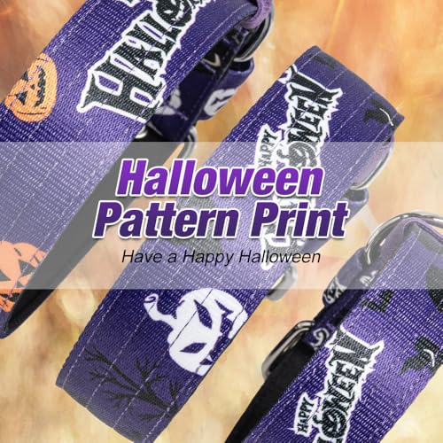 Heavy Duty Thick Dog Collar with Metal Buckle for Large Dogs (L – Fits Neck 18.9"-21.7" / Halloween Purple)
