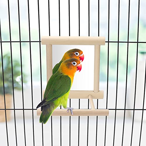 Bird Mirror with Perch for Parakeet Cage Bird Toys (Wood color)