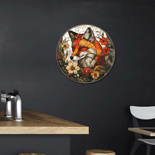 Metal Sign Tin Sign Circular Stained Glass Fox Boho Bedroom Decorations for Home Decor 8×8 Inches (8×8 Inches / Fox-1)