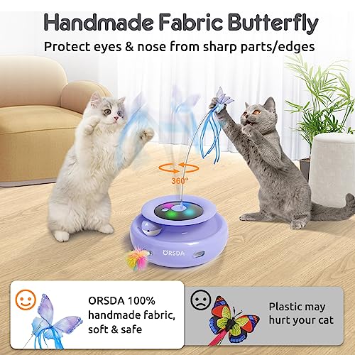Cat Toy, 3-in-1 Automatic Interactive Electronic Moving Ambush Feather, Fluttering Butterfly, Track Balls, USB Rechargeable Powered Smart Indoor Exercise Kicker (Purple)