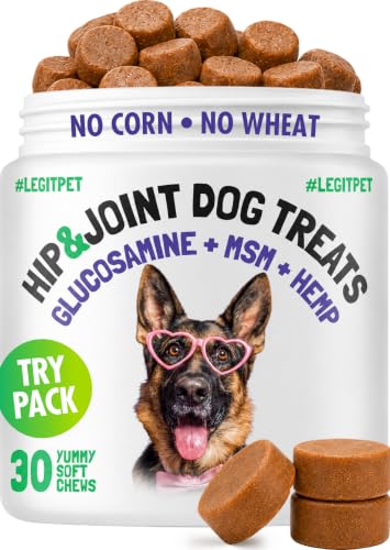 Hemp Hip & Joint Supplement for Dogs Soft Chews Made in USA Functional Glucosamine for Dogs Chondroitin MSM Turmeric Hemp Seed Oil Natural Pain Relief Mobility Advanced Joint 30 Treats (Hip&Joint / 30)