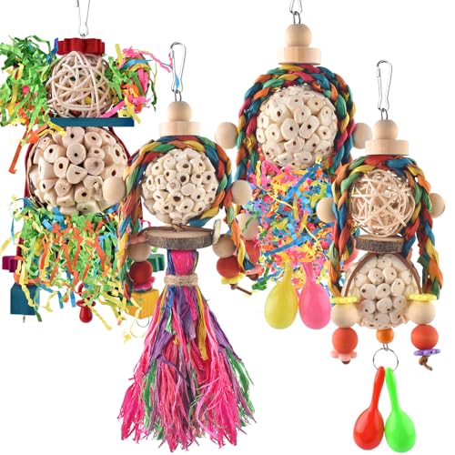 Conure Toys 4 PCS Bird Parrot Foraging Shredder Hanging Toys Sola Balls with Sand Hammer for Small Parrots Parakeets Conures Cockatiels Love Birds Cage Toy (4 PCS)