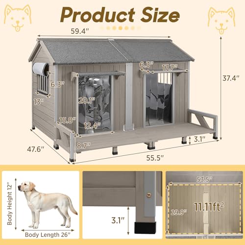 55.5" L Extra Large Dog House Outdoor (Grey / 55.5"D x 47.6"W x 37.4"H)