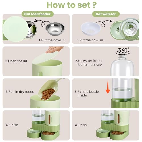 Automatic Cat Feeder Stainless Steel Water Dispenser Gravity Food Feeder and Waterer Set with Pet Food Bowl for Small Medium Kitten Puppy Pets Large Capacity (Green)