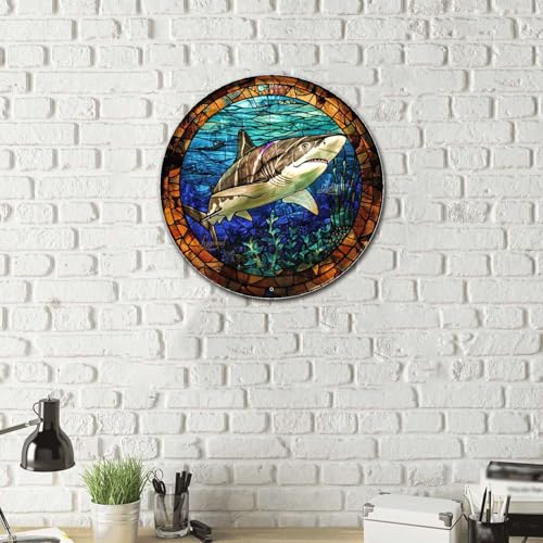 Metal Sign Tin Sign Circular Stained Glass Shark Vintage Decor for Club 12×12 Inches (12×12 Inches / Shark-2)