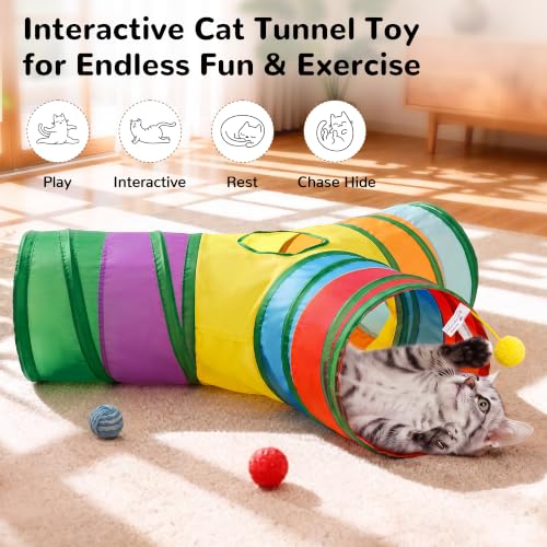 Cat Tunnel, 3-Way Collapsible Toy for Indoor Cats, Rainbow (Rainbow / Small)