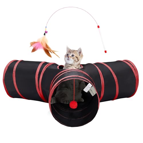Cat Tunnel, 3-Way Collapsible Toy for Indoor Cats, Black & Red (Black & Red / Small)