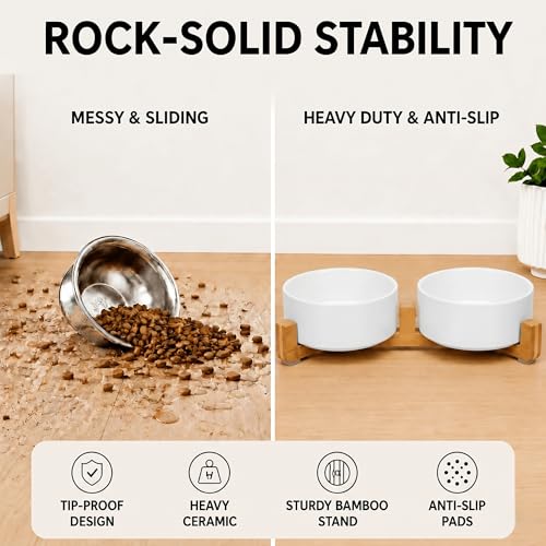 Ceramic Dog and Cat Bowl Set with Wooden Stand (7.6 cups / White × 2)