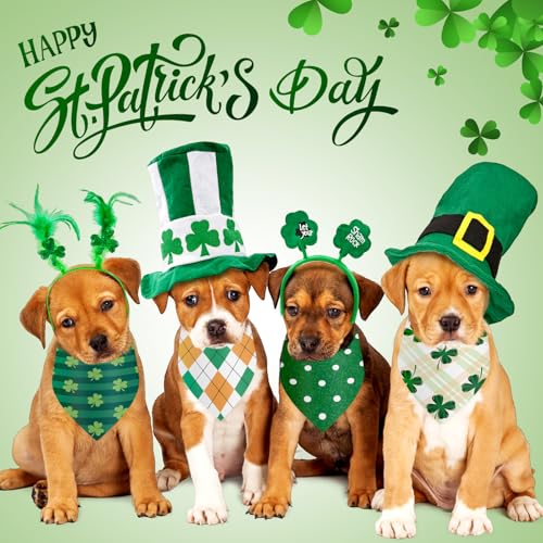 50 Pcs St Patricks Day Bandanas Bulk for Dogs Adjustable Irish Shamrocks Clover Green Plaid Triangle Soft Bibs Puppy Bandana for Small Medium Large Cat Pet Costume (St Patricks Day / 25.6 x 17.7 x 17.7 Inch)