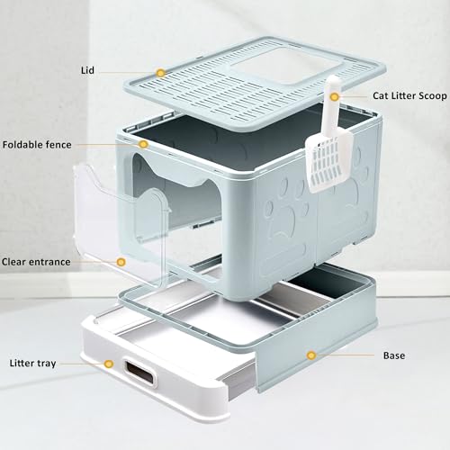Enclosed Cat Litter Box with Lid Top Exit Covered Metal Stainless Steel Litter Box Leak Proof & Odorless Easy to Clean Including Cat Litter Scoop and Litter Mat (Blue / One Size)