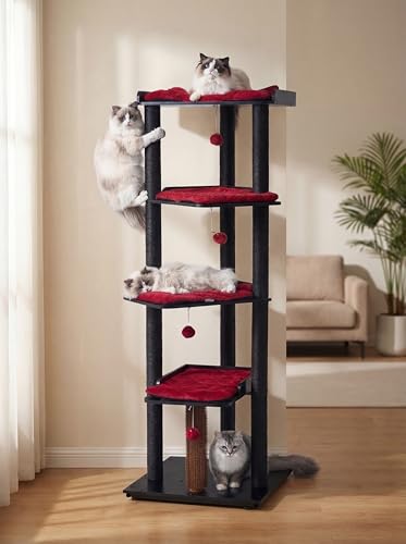 67.7" Wooden Cat Tree for Large Cats (Black/Red / 23.6"L x 22.8"W x 67.7"H)