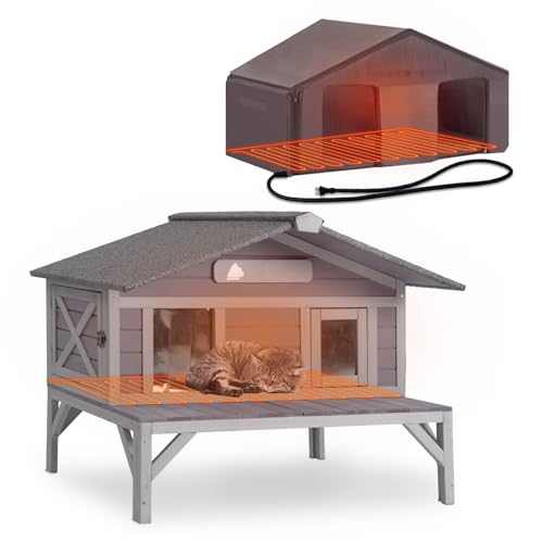 Heated Cat House Large Insulated Cat House Outdoor Weatherproof Feral Cat Shelter with Heated Pad