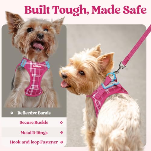 Dog Harness Medium Sized and Leash Set (Rose Red Plaid / L (chest: 18.2 - 20.5"))