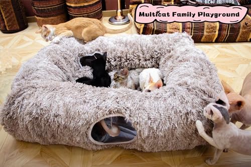 4 Cave Shuttled XL Cat Tunnel Bed for Indoor Cats Peekaboo Toy Donut with Warm Mat (Yellow-brown)