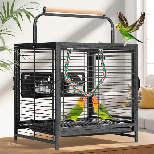 19 Inch Wrought Iron Travel Bird Cage for Cockatiel Parakeets (Black)