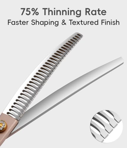 Professional Curved Chunker Dog Grooming Scissors 7.0'' Rose Gold Thinning Shears Extremely Sharp Blades 440C Stainless Steel Thinning Shears Durable Smooth Fine Cut for Dogs and Cats (Curved Chunker / 7")