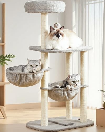 Small Cat Tree Tower with Lots of Scratching Posts (42 inches / Light Grey1)