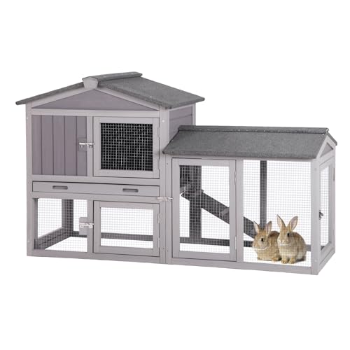 Rabbit Hutch Outdoor No Leak Plastic Tray Bunny Cage Indoor with Large Run Space Extensible Chicken Coop (Grey)