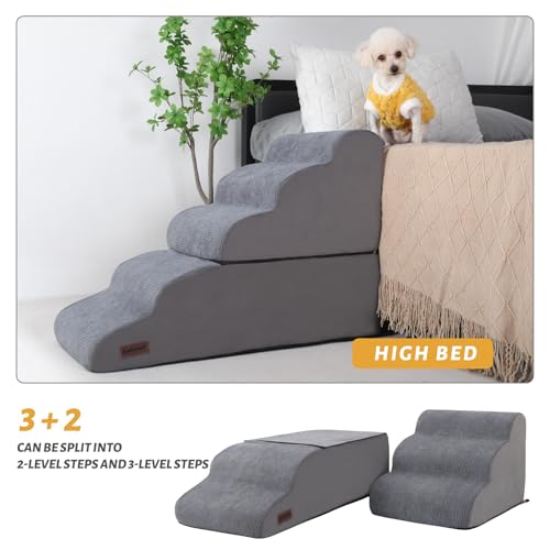 Dog Stairs and Ramp for High Bed (Grey / Split Design 5-Step 22.8"H)