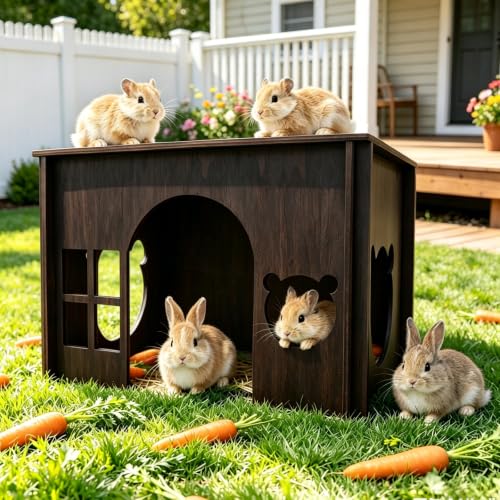 Large Sturdy Wooden Rabbit Castle Hideout with Spacious Balcony (Walnut Style 2 / Medium)