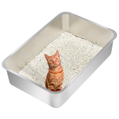 Extra Large Stainless Steel Cat Litter Box with High Sides (23.6" L x 15.7" W x 10" H (with Lid))