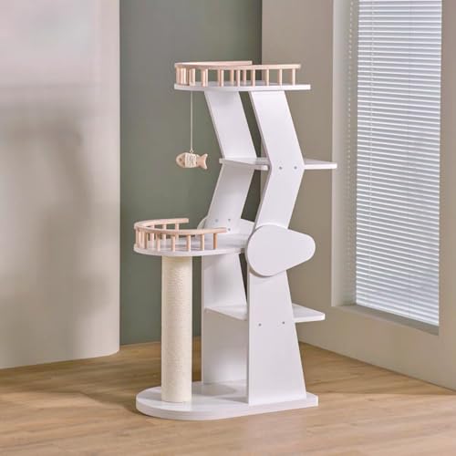 Modern Wooden Cat Tree Tower for Window Viewing Watching (White B)