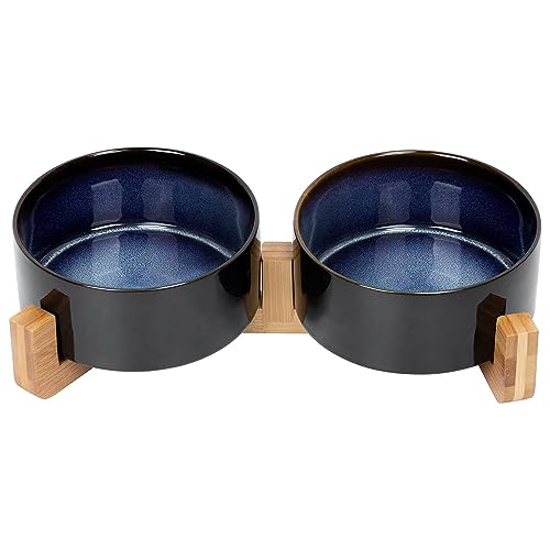 Ceramic Dog and Cat Bowl Set with Wooden Stand (3.6 cups / Starry Blue × 2)