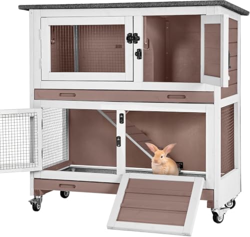 Rabbit Hutch Indoor Bunny Cage Outdoor 2 Story Pet House Guinea Pig Cage on Wheels 36" (Brown / 36.02"L x 17.72"W x 36.22"H)