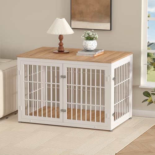 46" Heavy Duty Dog Crate Furniture for Large Dogs (White + Natural / 46.0"L x 29.1"W x 31.1"H)