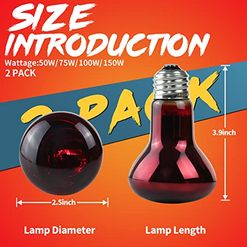 50W Reptile Heat Lamp Bulbs 2 Pack (Infrared Basking Light Bulb / 50 Watts)