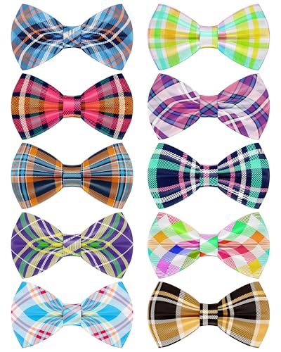 10 Pack Plaid Dog Bowties for Small Dogs Sliding on Collar (S/M)