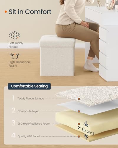 Small Folding Storage Ottoman (Cream White / 15"D x 15"W x 15"H / Cosy)