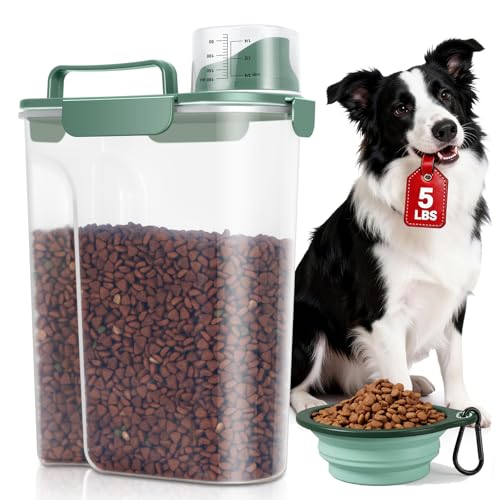 5 Lbs Travel Dog Food Storage Container with Collapsible Dog Bowl (Dark Green 6Qt)