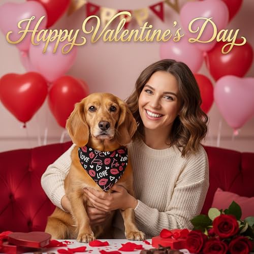 50 Pcs Valentine's Day Dog Bandanas Bulk for Dogs Soft Bibs Adjustable Triangle Heart Lips Bandana for Small Medium Large Pet Costume (Valentine / 25.6 x 17.7 x 17.7 Inch)
