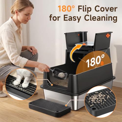 XL Enclosed Stainless Steel Litter Box with Lid (Carbon Black)