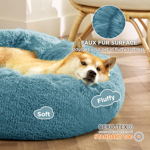 Calming Dog Bed Medium Size Dog Donut Washable Pet Bed (30"L x 30"W x 8"Th / Washed Blue)
